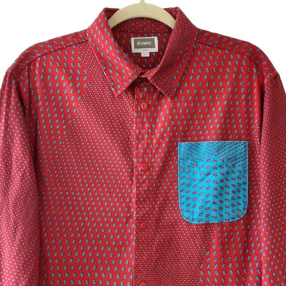 Altamont Mens Red Blue Polka Dot LS Button Up Contrast Pocket Shirt Top Large - Picture 3 of 3